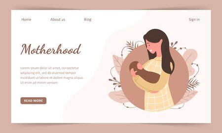 Motherhood. Woman holds a child. Landind page template. Modern flat style vector illustration isolated on soft background.のイラスト素材