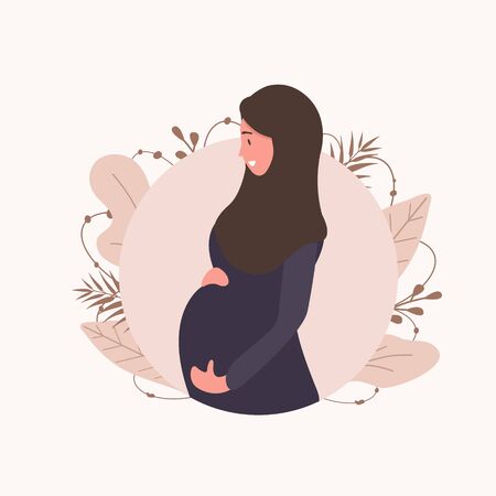 Muslim pregnant woman in abaya and hijab. Modern flat style vector illustration isolated on soft background.のイラスト素材
