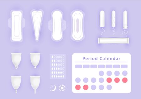 Feminine hygiene products - white napkins, pads, menstrual cup and tampons icon set. Protection for girls in critical days. Personal hygiene elements in flat style.のイラスト素材