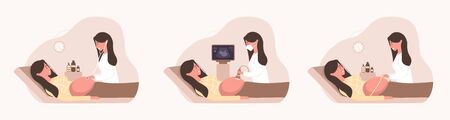 Set of embryo baby health diagnostic illustration. Female doctor scanning young mother. Girl with belly smiling.のイラスト素材