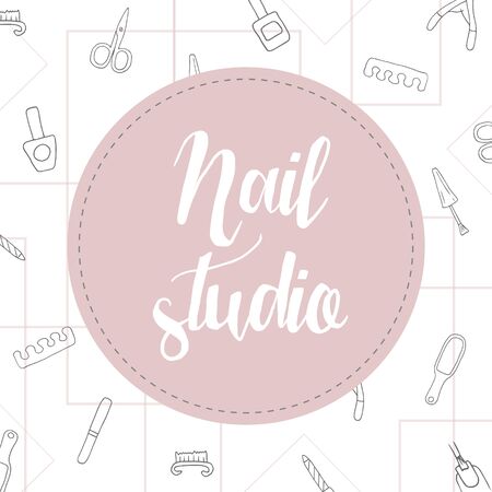 Manicure pedicure doodle tools set with nail polish symbol, scissors, polish, cream. Lettering manicure. Nail studio, salon banner. Beauty icons for spa. Vector illustration.のイラスト素材