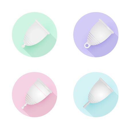 Set of different silicone menstrual cups. Eco-friendly, washable intimate product. Zero waste supplies for personal hygiene. Plastic-free concept. 3D realistic vector illustration of woman hygiene.のイラスト素材