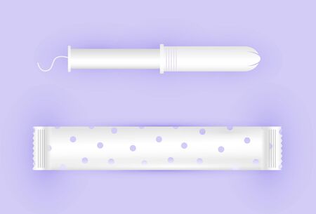 Feminine white tampon with white thread. Menstruation days. Tampon in plastic pack, swab with applicator. Woman menstrual care. Illustration of girl hygiene products in a flat style.のイラスト素材