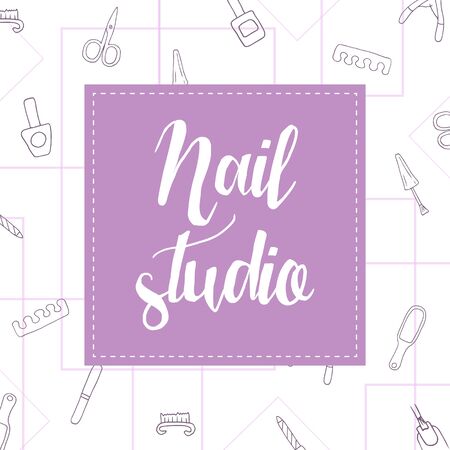 Manicure pedicure doodle tools set with nail polish symbol, scissors, polish, cream. Lettering manicure. Nail studio, salon banner. Beauty icons for spa. Vector illustration.のイラスト素材