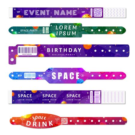 Entrance bracelets for space party, birthday, festivals, private areas. Design template of access to event for party. Vector illustration.のイラスト素材
