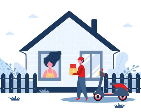Online delivery service concept home and office. Courier brought package home. Contactless delivery. Shipping restaurant food and mail. Modern vector illustration in flat cartoon style.のイラスト素材