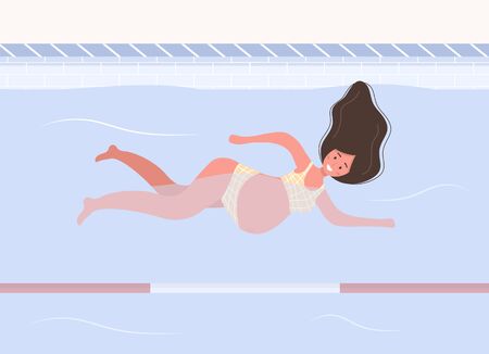 Pregnant woman in bikini in pool. Aqua fitness and aerobic. Healthy lifestyle. Young mother swimming in water. Vector illustration in flat style. Cartoon character.のイラスト素材