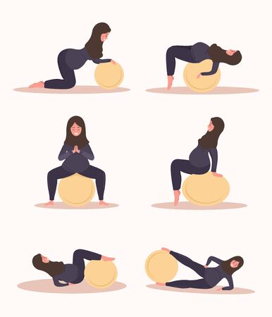 Yoga during pregnancy. Collection of fitness exercises with fitball. Arab woman doing sport. Health care and sport concept. Beauty female character. Vector illustration in flat style.のイラスト素材