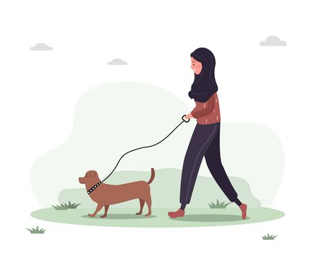 Young arab woman in hijab walks with dog through the woods. Concept happy girl in yellow dress with dachshund or poodle. Vector illustration in flat style.のイラスト素材
