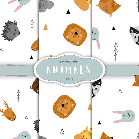 Seamless pattern of cute hand drawn sleeping animals. Cartoon zoo. Vector illustration. Animal for design of children products in scandinavian style.のイラスト素材