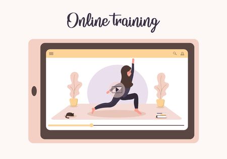 Online yoga and sport at home concept. Doing excercises with a mobile app. Stay healthy and fit during epidemic and quarantine. Vector illustration of arab woman in hijab teaching yoga via internet.のイラスト素材