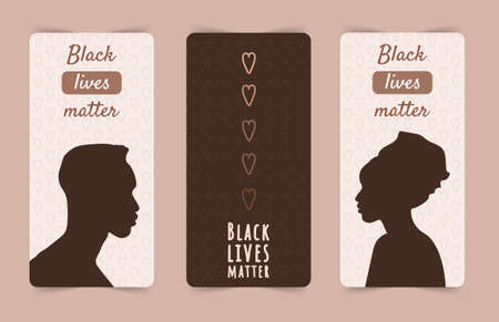 Black lives matter. Stop racism and violence. Silhouettes of african man and woman. Set of social posters and web banners. Modern vector illustration in flat style.のイラスト素材