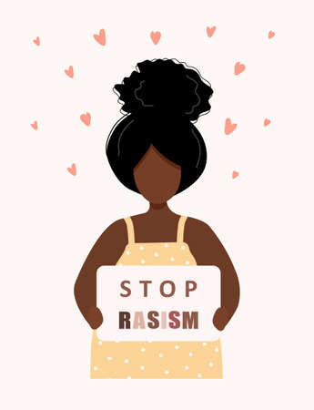 Stop racism and violence. Black lives matter. African woman cartoon character. I can not breathe. Social poster and web banner. Modern vector illustration in flat style.のイラスト素材