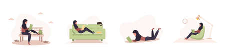 Books lovers. Arab reading women holding books. Preparing for examination or certification. Knowledge and education library concept, literature readers. Set of vector illustration in flat style.のイラスト素材