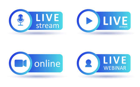 Set of live streaming icons. Gradient symbols and buttons of live streaming, broadcasting, online webinar. Label for tv, shows, movies and live performances. Vector flat illustration.のイラスト素材