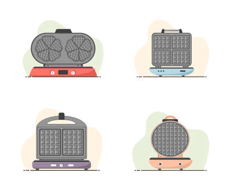 Waffle-iron. Set of waffle makers isolated on white. Cooking breakfast. Modern vector illustration in flat cartoon style.のイラスト素材