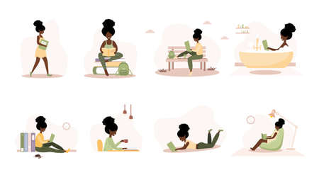 Books lovers. African reading women holding books. Preparing for examination or certification. Knowledge and education library concept, literature readers. Set of vector illustration in flat style.のイラスト素材