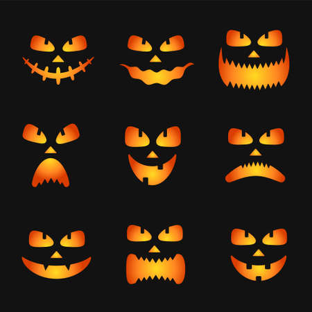 Set of pumpkin faces silhouette icons for Halloween isolated on black background. Scary pumpkin devil smile, spooky jack o lanter. Vector illustration in flat style.のイラスト素材