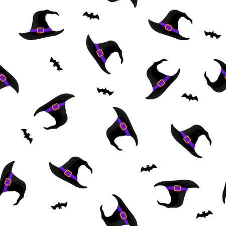 Halloween seamless pattern with cap and bat. Black witch and wizards hat with belt. Vector illustration in flat style.のイラスト素材