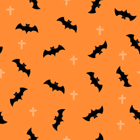 Seamless pattern with halloween bat on orange background. For wrapping paper, invitations, web design. Vector illustration in flat style.のイラスト素材