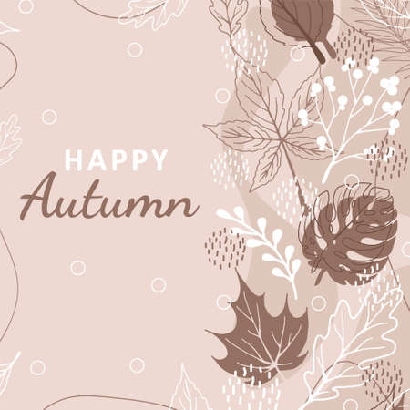 Autumn background with abstract elements, geometric shapes, plants and leaves in one line style. For mobile app page, web design, invitations, postcards. Vector minimalistic illustration.のイラスト素材