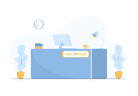 Reception desk interior. Hotel booking, clinic, airport registration, bank or office reception concept. Cartoon flat  illustration in flat style.のイラスト素材
