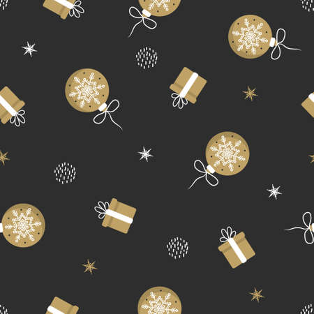 Seamless pattern with gifts and christmas balls on dark background. Perfect for holiday invitations, winter greeting cards, wallpaper and gift paper. Illustration in flat style.のイラスト素材
