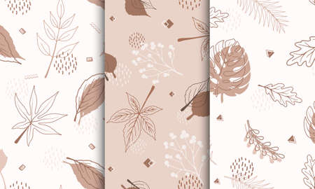 Set of samples pattern with abstract autumn elements, shapes, plants and leaves in one line style. For mobile app page, web, wrapping paper, textile template. Minimalistic illustration.の写真素材