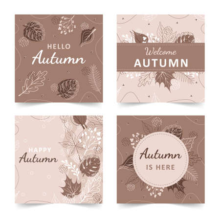 Set of autumn backgrounds with abstract elements, geometric shapes, plants and leaves in one line style. For mobile app page, web design, invitations, postcards. Minimalistic illustration.のイラスト素材