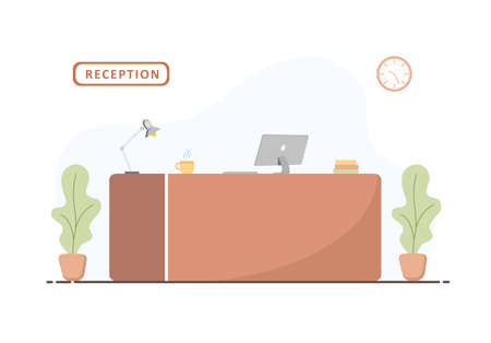 Reception desk interior. Hotel booking, clinic, airport registration, bank or office reception concept. Cartoon flat illustration in flat style.のイラスト素材