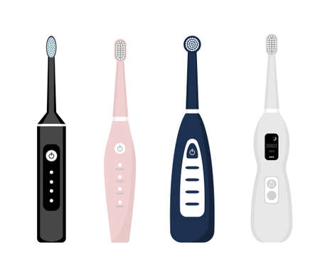 Set of electric toothbrush icons isolated on white background. Element for cleaning teeth. Dentistry equipment illustration. Vector tooth care tool in flat style.のイラスト素材