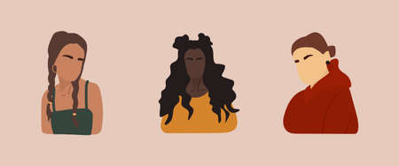 Set of female shapes and silhouettes on retro background. Abstract women in pastel colors. Collection of contemporary art posters. Fashion girls for social media. Modern vector illustration.のイラスト素材