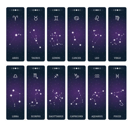 Zodiac signs with constellations on outer space background. Mystery and esoteric. Horoscope vector illustration. Spiritual tarot poster. Magic occult tarot and astrology cards.のイラスト素材