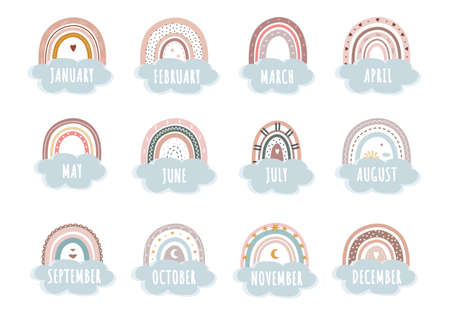 Trendy rainbows in boho style in different color. Rainbows with cloud, sun, stars and hearts. Doodle art elements. Vector design for childbirth, birthday, to-do list, daily planner and calendar.のイラスト素材
