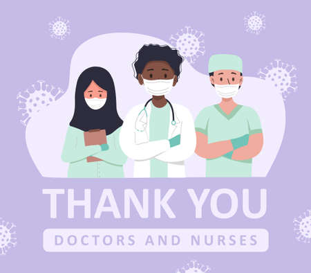 Thank you to the doctors and nurses for their help and saved lives. Set of portraits of male and female medical workers. Thank you heroes, vector illustration. Coronavirus epidemic concept.のイラスト素材
