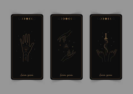 Magical tarot cards. The reverse side. Magic and esoteric. Tarot vector illustration in boho style with mystic symbols, crystals and line art stars. Witchcraft concept for tarot readers.のイラスト素材