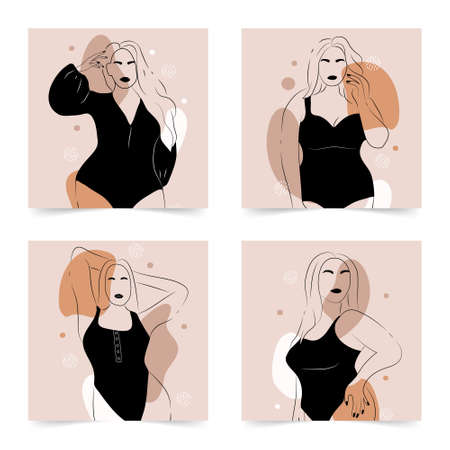 Body positive. Abstract minimalistic female figure. Linear elegant women in lingerie and swimsuit on abstract simple shapes. Promotion design for social media,  for shop, beauty salon, underwear.のイラスト素材