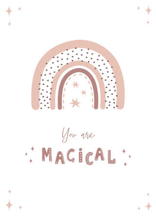 Trendy rainbow in boho style in different color. You are magical. Children illustrations for poster or post card. Doodle art element. Modern vector illustration.のイラスト素材