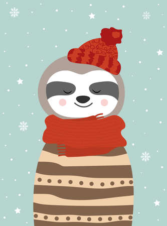 Cute winter smiling white sluggard with snowflakes. Cartoon zoo. Vector illustration. Animal for the design of children products in scandinavian style.のイラスト素材