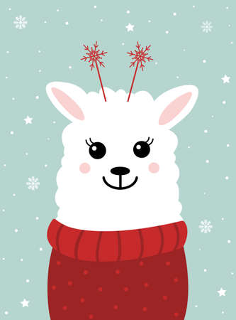 Cute winter smiling white llama with snowflakes. Cartoon zoo. Vector illustration. Animal for the design of children products in scandinavian style.のイラスト素材