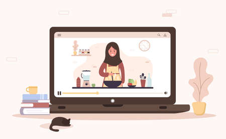 Cooking school. Online culinary master class. Arab girl in hijab preparing homemade meals for lunch or dinner. The chef teaches to cook. Learning at home. Flat cartoon vector illustration.のイラスト素材