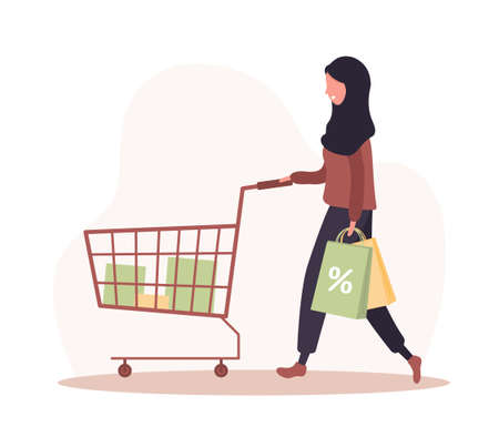 Woman shopping. Happy arab girl with cart and bags. Vector cartoon illustration isolated on white background. Promotion and sale template.のイラスト素材