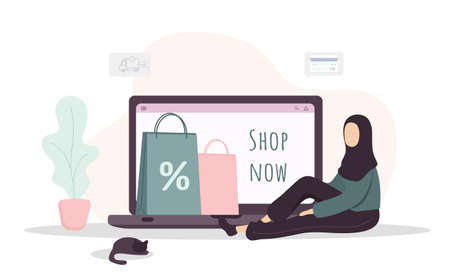 Woman shopping. Happy arab girl shop at an online store. Vector cartoon illustration isolated on white background. Promotion and sale template.のイラスト素材