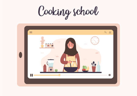 Cooking school. Online culinary master class. Arab girl in hijab preparing homemade meals for lunch or dinner. The chef teaches to cook. Learning at home. Flat cartoon vector illustration.のイラスト素材