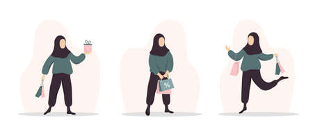 Woman shopping. Happy arab girl carrying bags and gifts. Vector cartoon illustration isolated on white background. Promotion and sale template.のイラスト素材