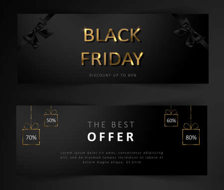 Black Friday sale poster. Commercial discount event banner. Black background with gold lettering.のイラスト素材