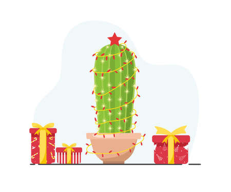 Cute cactus with new year garlands and gifts. Feliz navidad. Merry Christmas. Vector illustration in flat style. Design for greeting cards or web banner.のイラスト素材