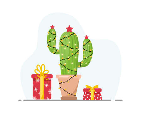 Cute cactus with new year garlands and gifts. Feliz navidad. Merry Christmas. Vector illustration in flat style. Design for greeting cards or web banner.のイラスト素材