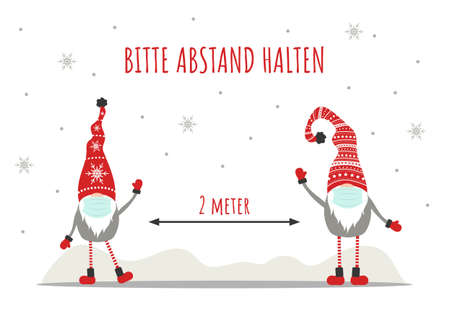 Keep social distancing for Christmas. Cute gnomes wearing a protective face masks from coronavirus.のイラスト素材