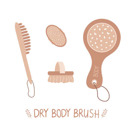 Brushes for dry body massage. Exfoliation skin with organic products.のイラスト素材